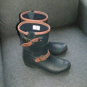 Sperry Top Sider Navy Blue Rubber Mid Calf Rain Boots Leather Buckles women sz 8